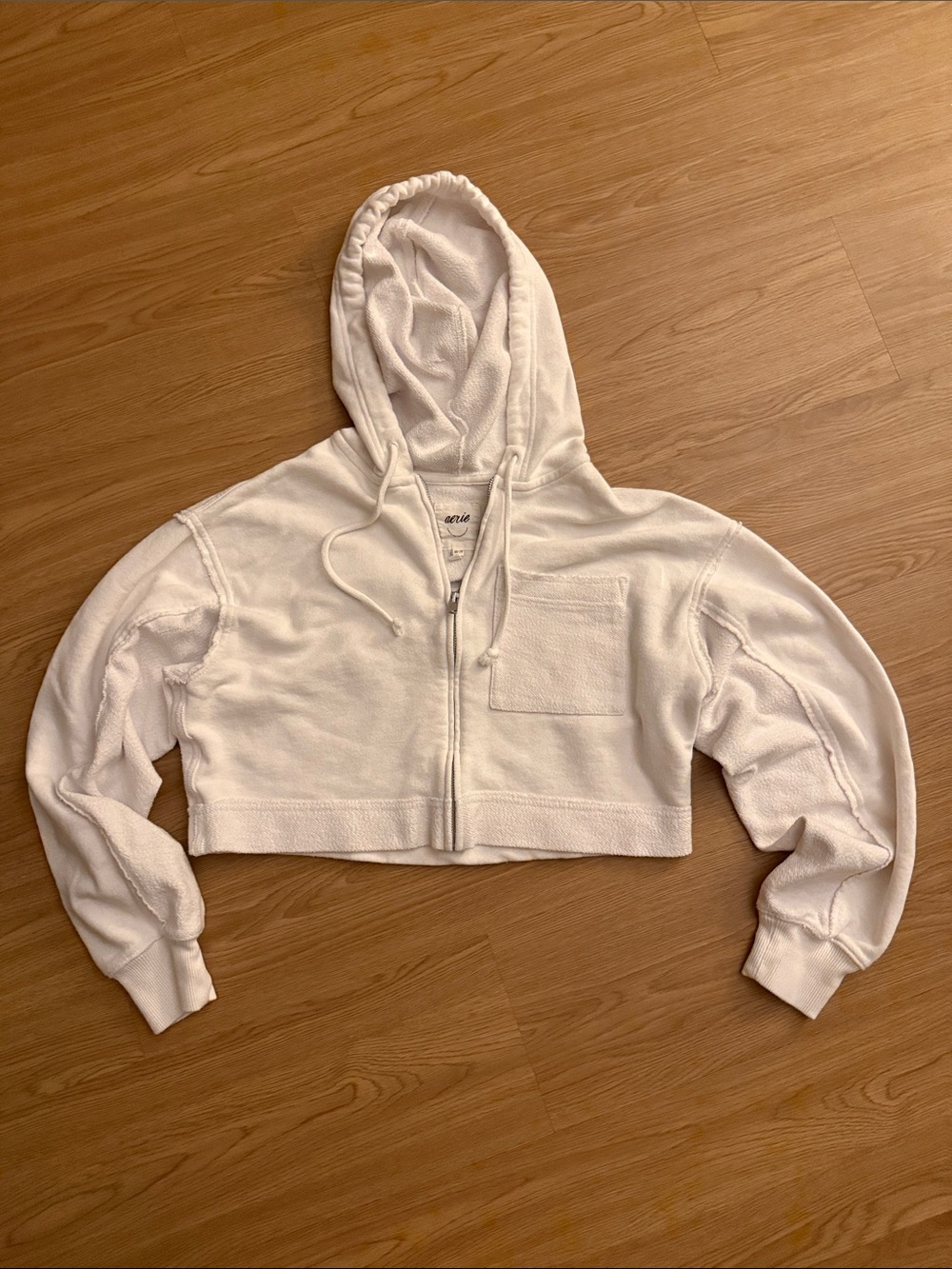 aerie White Cropped Terry Zip-Up Hooded Sweatshirt